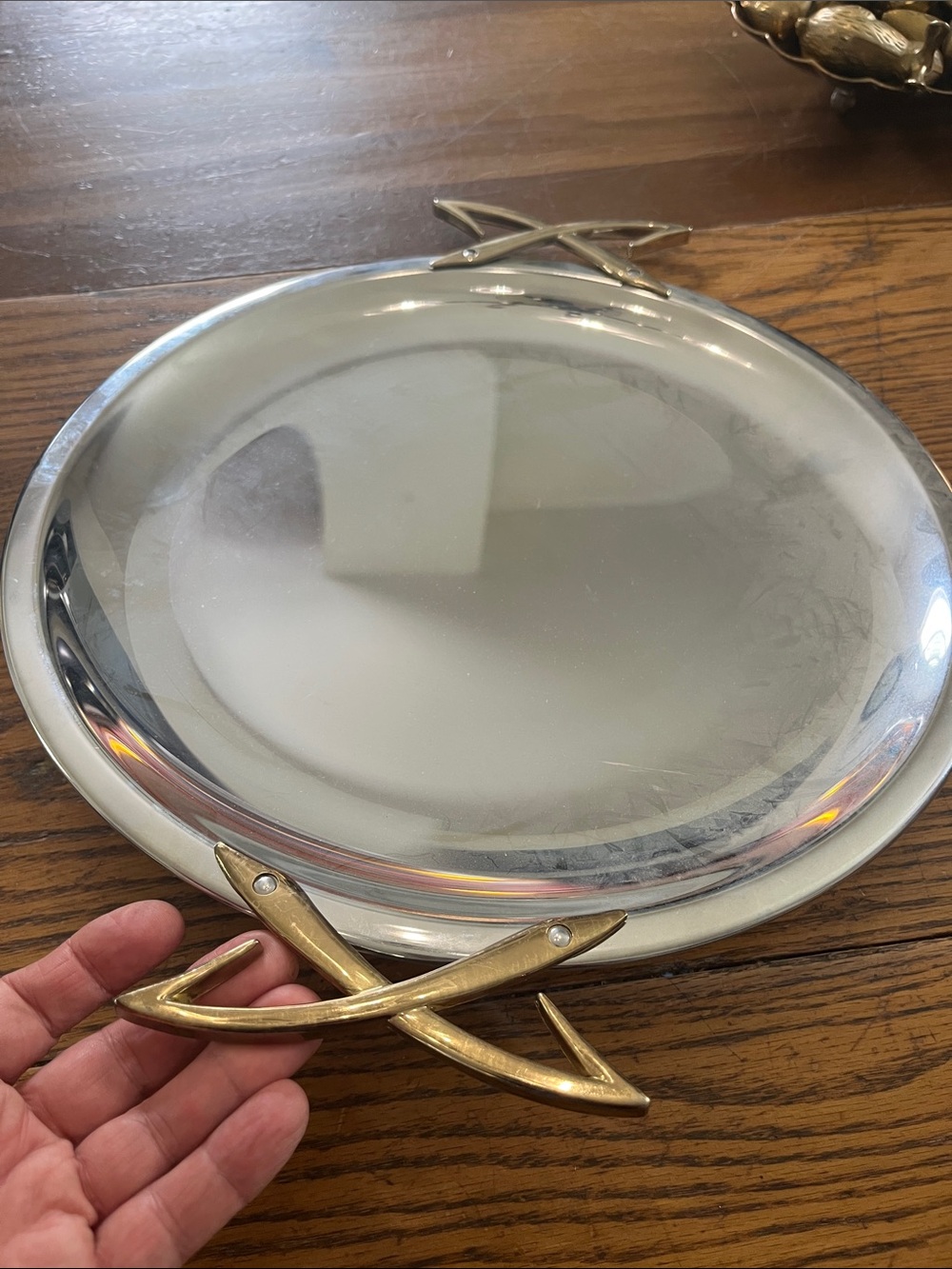 Kromex Silver Round Serving Tray with Gold X Handles